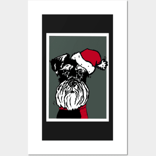Miniature Schnauzer in Christmas Santa Hat and Red Woolly Scarf Linoprint Posters and Art